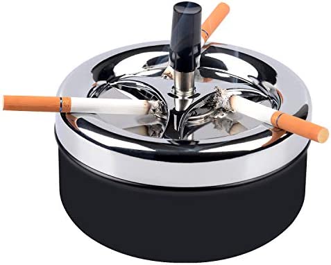 Round Push Down Stainless Steel Modern Tabletop Cigarette Ashtray with Spinning Tray, Cigarette Ashtray for Indoor or Outdoor Use, Ash Holder for Smokers, Desktop Smoking Ash Tray for Home Office