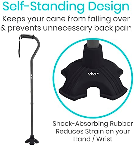 Vive Cane Tip - Quad Rubber Replacement Foot Pad for Walking Canes - Stable Four Point, Self Standing Quadruple Tripod Stand for Cane - Universal 4 Leg Attachment for Walking Stick (Black)