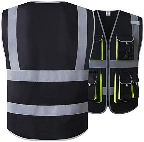 JKSafety 10 Pockets High Visibility Zipper Front Black Safety Vest with High Reflective Strips Meets ANSI/ISEA Standards (Medium, 88-Black)