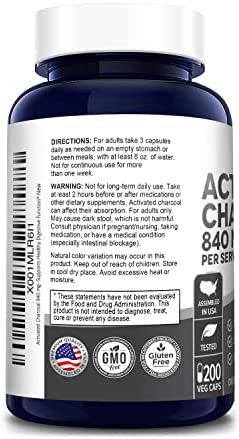 Activated Charcoal 840 mg- 200 Veggie Capsules (Vegan, Non-GMO & Gluten-Free)