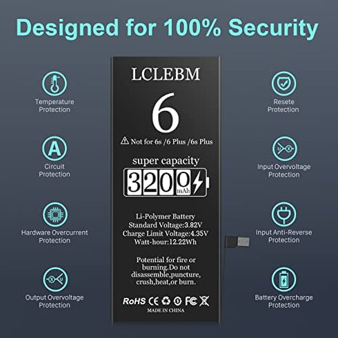 LCLEBM Battery for iPhone 6, 3200mAh Higher Capacity New 0 Cycle Li-ion Polymer Battery Replacement for iPhone 6 Model A1586,A1589,A1549 with Repair Tool Kit