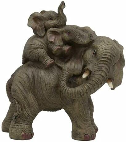 Ebros Small Wildlife Elephant Father and 2 Calves On Piggyback Playing Statue 5.25" Tall Resin Safari Elephants Family Figurine Sculpture Decor Gifts
