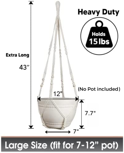 Shineloha 43 Inches Macrame Plant Hanger Large for up to 12 inch Pot Extra Long + Hook | No Tassel, Cotton Rope Hanging Plant Holder with Swag Hook, NO Plant/Pot Included (White)