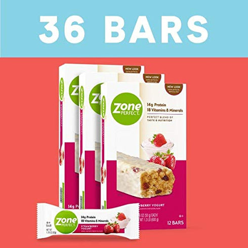 ZonePerfect Protein Bars, 18 vitamins & minerals, 14g protein, Nutritious Snack Bar, Strawberry Yogurt, 12 Count (Pack of 3), Total 36 Count