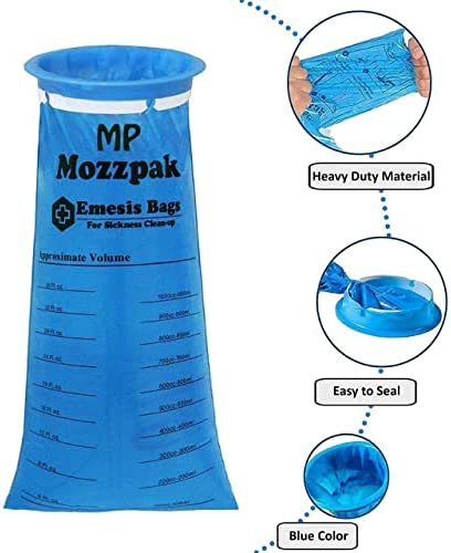 MP MOZZPAK Vomit Bags – 24 Pack – 1000ml Emesis Bags – Leak Resistant, Medical Grade, Portable, Disposable Barf Bags, Puke, Throw Up, Nausea Bags for Travel Motion Sickness, Car & Aircraft, Kids, Taxi