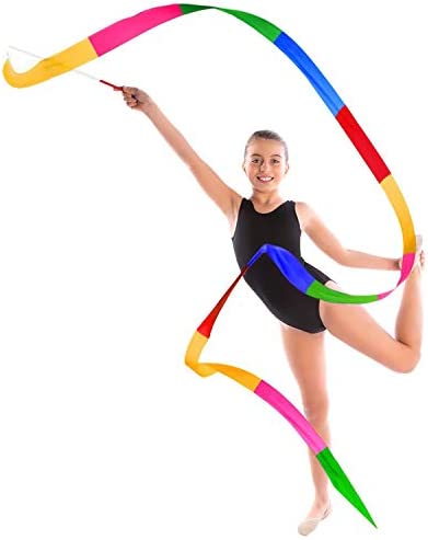 ANCIRS 2 Pack 2-Meter Dance Ribbons, Rainbow Streamers Rhythmic Gymnastics Ribbon, Baton Twirling Wands on Sticks for Kids Artistic Dancing
