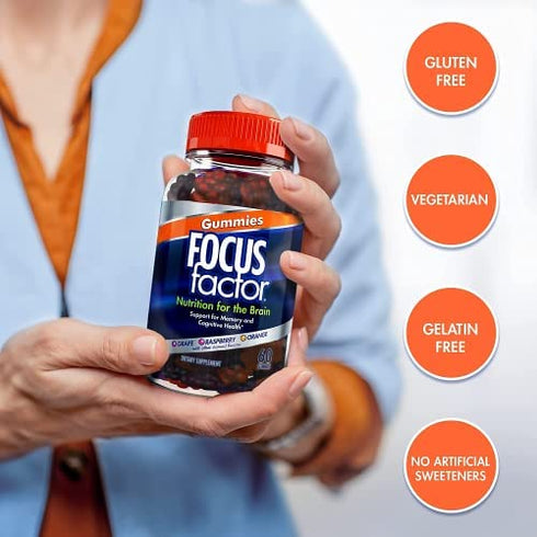 Focus Factor Nootropic Gummies, Memory Supplement for Brain, Phosphatidylserine, Bacopa, Huperzine A, 60 Count
