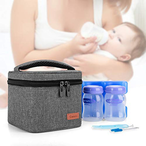 CURMIO Breastmilk Cooler Bag for Four Bottles up to 5 Oz, Insulated Baby Bottle Bag, Perfect for Daycare Travel Nursing Mom, Bag Only, Grey