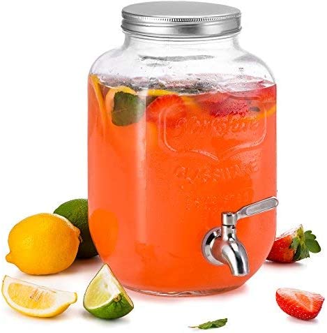 Kook Glass Drink Dispenser, with Leak-Proof Stainless Steel Spigot, Clear Mason Jar, Beverage Storage for Fridge, for Water, Iced Tea, Sangria, Lemonade, 1 Gallon