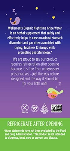 Wellements Organic Nighttime Gripe Water, 4 Fl Oz, Eases Baby's Stomach Discomfort, Free from Dyes, Parabens, Preservatives
