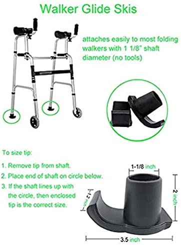 Walker Ski Glides, for1 1/8 Inch Tubes,Pop and Glide Easy Use Walker Skis, Heavy Duty Coaster Skis for Medical Walkers,Black (2)