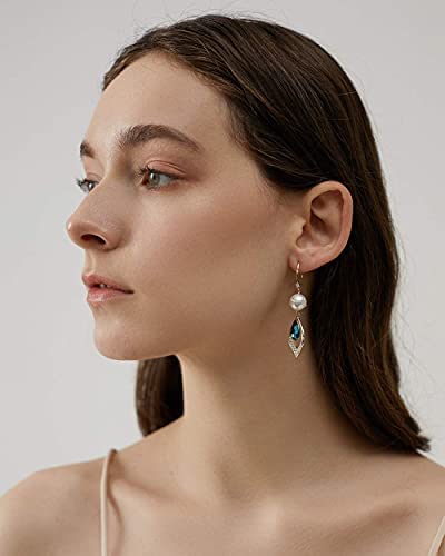 Elegant Blue Crystal Teardrop Dangle Earrings for Women,Giftable Weddings Jewelry for Bride Bridesmaid,14K Gold and Blue Zircon Drop Earrings
