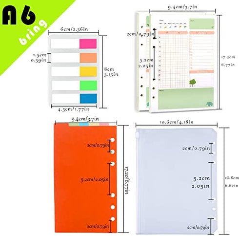 Rancco A6 Planner Inserts Daily Planner Refills, 90 Pages Colorful 6-Ring Loose-leaf Binder Planner Inserts w/ Divider, PVC Pouch, Ruler, Index Tab for Journal, Filofax, Double-sided, Undated,6.9x3.7"