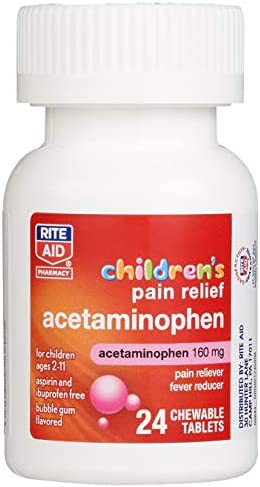 Rite Aid Children's Pain Relief Acetaminophen, Bubble Gum Flavor, 160 mg - 24 ct | Kids Pain Reliever | for Children Ages 2-11 Years | Acetaminophen Chewable Tablets | Aspirin & Ibuprofen Free