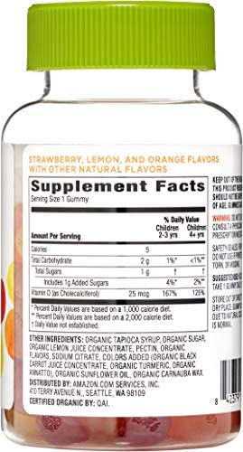 Amazon Brand - Mama Bear Organic Kids Vitamin D3 25 mcg (1000 IU) per serving, Bone and Immune Health, 80 Gummies
