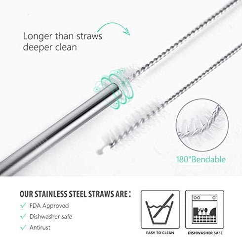 8 Piece 12 Inch Extra Long Reusable Metal Stainless Steel Thick Drinking Straws with Silicone Tips and Cleaning Brush, for Tall Tumblers 40 Ounce, Silver