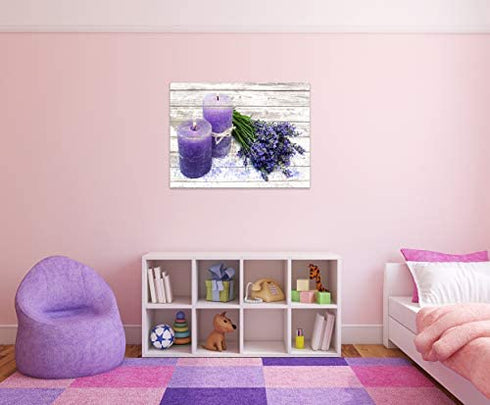 Canvas Wall Art for Bathroom Purple Candles and Lavender Flower Painting Pictures Print on Canvas Prints Ready to Hang Wall Decor for Living Room Bedroom Decoration Modern Home Decor Artwork