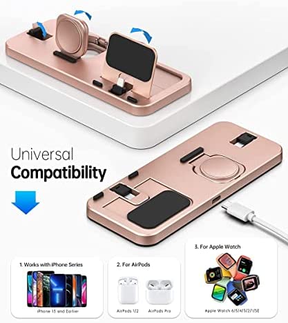 LERCIOR Portable 3 in 1 Charging Station for Apple Devices Foldable Charger Station for Apple Watch 7/6/SE/5/4/3/2/1 Charger Stand, Charging Dock Station for iPhone AirPods Pro 3/2/1 Rose Gold