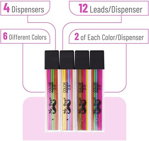Mr. Pen- 2mm Lead Refills, 48 Pack, Colored Lead Pencils 2.0 mm, Mechanical Pencil Lead, Colorful Mechanical Pencils 2mm Lead, 2 mm Lead, Pencils 2.0mm Lead, Pencil Lead 2.0 mm Refill, Lead Refill