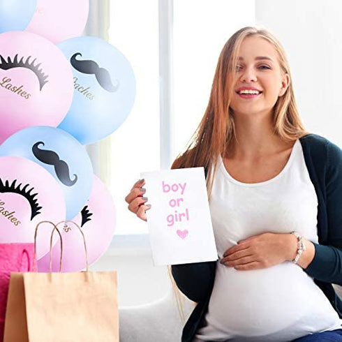 50 Pieces Staches or Lashes Set Include Gender Reveal Banner Cake and Cupcake Topper Balloons for Boy or Girl Baby Shower Birthday Party Decorations Kits (Blue and Pink)