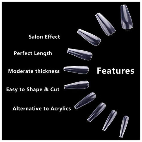 Care.D.N Clear Long Fake Nails Coffin for Girls, Full Cover Acrylic Ballerina Nails Tips, Press on Nails Long, Clear False Nails for Women with Case for Nail Salons and DIY Nail Art 500pcs 10 Sizes.?coffin nails)