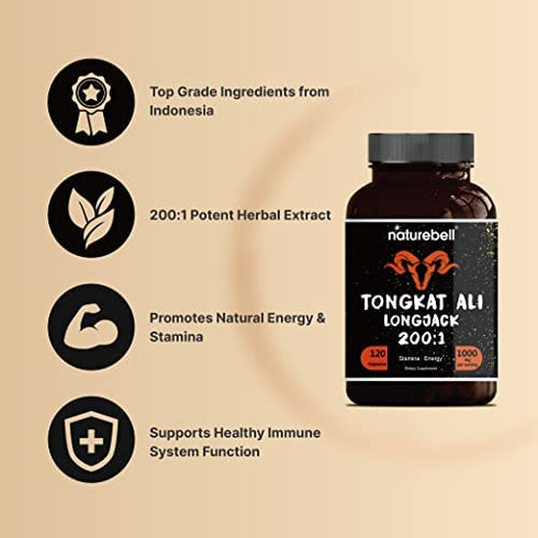 Tongkat Ali 200:1 as Long Jack Extract (Eurycoma Longifolia), 1000mg Per Serving, 120 Capsules, Supports Energy, Stamina and Immune System for Men and Women, Indonesia Origin, Non-GMO