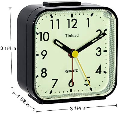 Tinload Night Light Analog Alarm Clock Silent Non Ticking, Ascending Beep Sounds, Snooze, Manual Light, Battery Operated,Small (Black)