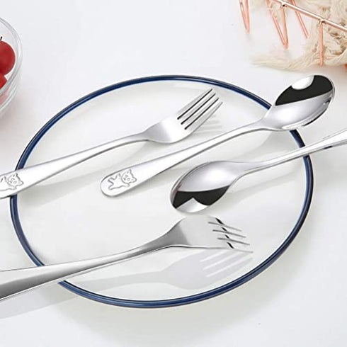 12 Pieces Stainless Steel Kids Silverware Set Children's Safe Flatware Cute Bear Baby and Toddler Spoon and Fork Set Kids Utensils Metal Cutlery Set,6 x Child Forks,6 x Children Tablespoons