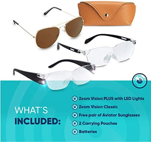 Zoom Vision Hands Free Magnifying Glasses with Light, 160% Magnification and dual LED lights, Includes Non Lighted Magnifying Glasses for Reading, Close Work and Crafts