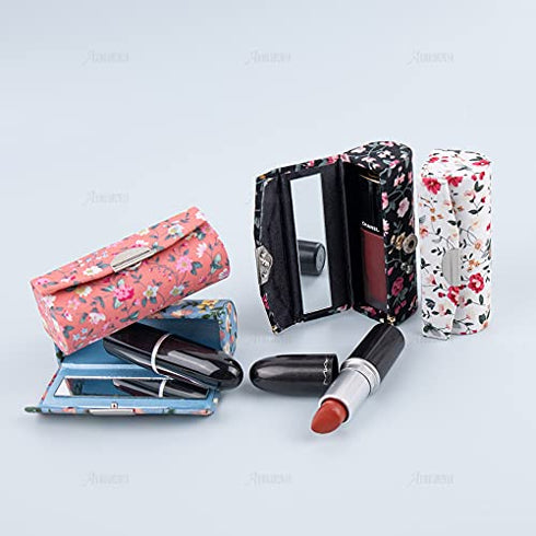 AUEAR, 4 Pcs Women Floral Lipstick Case with Mirror Lipstick Holder for Purse Travel Makeup Storage Organizer (Small Flower Pattern)