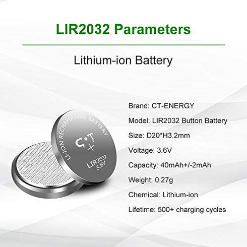 CT-ENERGY 8 Pack Lir2032 Rechargeable Coin Batteries 3.6V Rechargeable 2032 Lithium-ion Button Battery Replace 3V CR2032 Battery