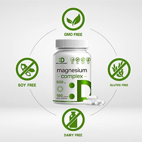 Magnesium Complex Supplement 500mg, 180 Capsules, 5 in 1 Formula, Magnesium Glycinate and Malate, Citrate, Aspartate & Gluconate, Chelated for Absorption, Supports Muscle, Joint Health & Relaxation