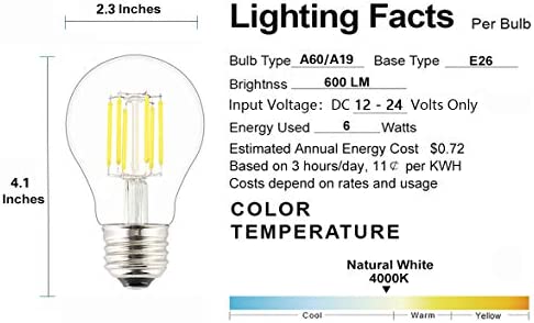 OPALRAY Low Voltage 12V Input Edison Style Classical A60(A19) Bulb, Dimmable with 12V DC Dimmer, 6W 600LM, 4000K Natural White, E26 Medium Base, 60W Incandescent Equivalent, 12V-24V DC Power, 2 Pack
