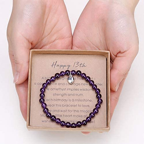 Gifts for 13 Year Old Girl Amethyst Bead Bracelet with Sterling Silver Heart Charm 13th Birthday Gifts for Girls with Card and Gift Box