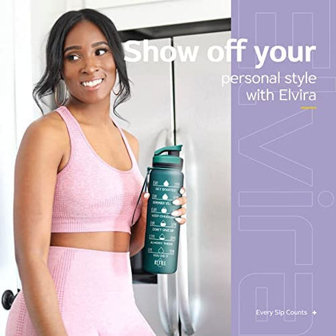 Elvira 32oz Large Water Bottle with Motivational Time Marker & Removable Strainer,Fast Flow BPA Free Non-Toxic for Fitness, Gym and Outdoor Sports