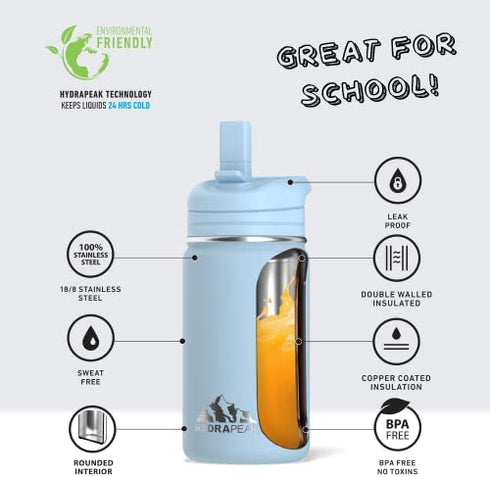 Hydrapeak Mini 14oz Kids Water Bottle with Straw Lid, Stainless Steel Double Wall Insulated Water Bottle for Kids | Leak-Proof and Spill-Proof Kids Water Bottle for School, Cold for 24 Hours (Cloud)