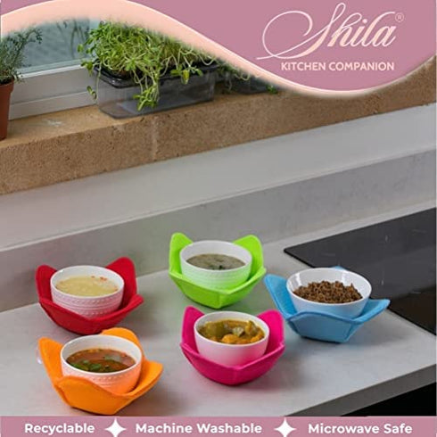 SHILA Bowl Cozy, Multicolor Set of 5 Microwave-Safe Hot Bowl Holders to Keep Your Hands Cool and Your Food Warm, Polyester & Sponge Heat Resistant Dish Pads for Soup, Rice and Pasta Bowls