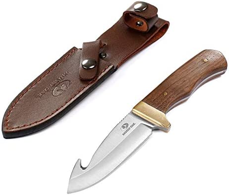 Mossy Oak Fixed Blade Gut Hook Knife, 9.5-inch Full Tang Field Processing Knife - Wooden Handle, Leather Sheath Included, for Skinning, Hunting, Outdoors