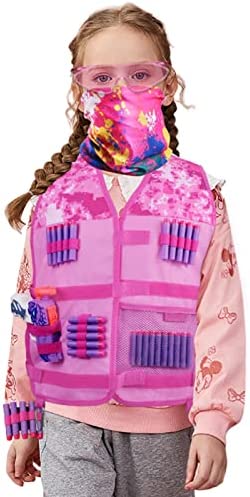 Girls Tactical Vest Kit with Blaster - Kids Pink Tactical Vest Compatible with Nerf Rebelle N-Strike Purple Darts for Girl