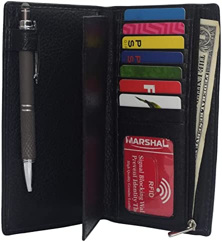 Genuine Leather Checkbook Cover Wallet Organizer with Credit Card Holder (Black)