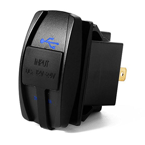 Switchtec 4.2 AMPS-Fast Dual USB Charger Rocker Switch Style Blue LED Back-lit for Boats, Side by Side, Off Road Vehicles, Recreational Vehicle