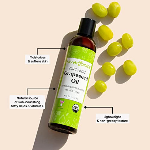 Sky Organics Organic Grapeseed Oil for Face, 100% Pure & Cold-Pressed USDA Certified Organic to Moisturize, Clarify & Brighten, 8 fl. Oz