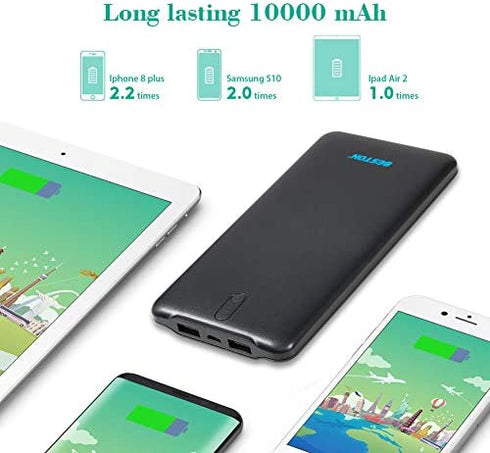 BESTON Portable Charger, Ultra Slim 10000mAh Power Bank, Dual High-Speed Charging Port Battery Pack for iPhone, Android Phones, Tablets