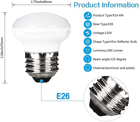 Haian Support E26 Base LED Bulb, R14 Shape, 4W(25 Watt) Curio Cabinet Light Bulb, 4Pack