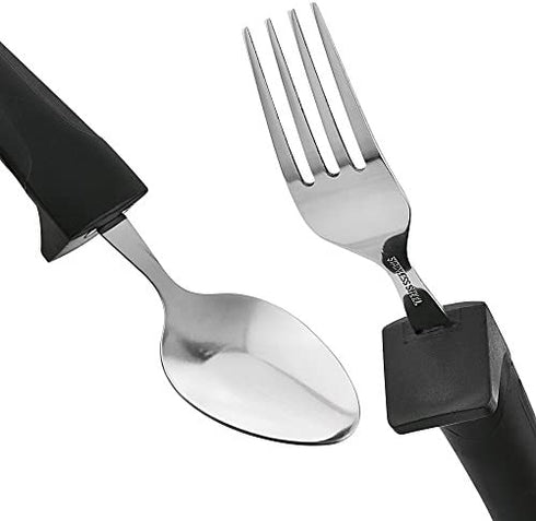 Adaptive Eating Utensils by Celley for Parkinson's, Arthritis, MS, Elderly, Hand Tremors, Handicapped | 4pc Easy Grip Silverware Stainless Steel Knife, Fork, 2 Spoons – (Black)