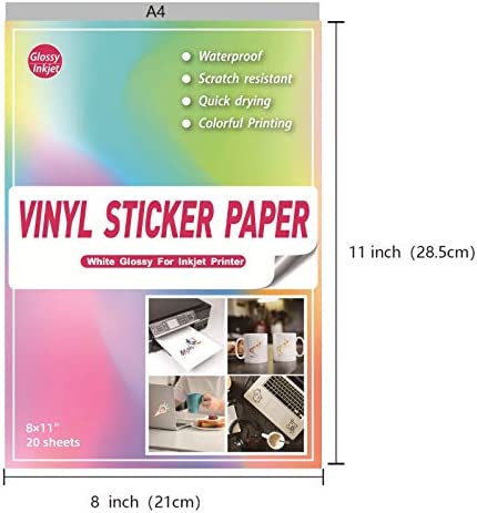 20 Glossy Sticker Paper Cricut for Inkjet Printer- Waterproof Paper Printable Vinyl White Decal Sheets A4 - Holds Ink Beautifully & Dries Quickly