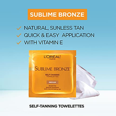 L'Oreal Paris Skincare Sublime Bronze Sunless Tanning Towelettes, Fast-Drying, Streak-Free Self-Tanner, Suitable for all Skin Types, 6 Each (Pack of 2)