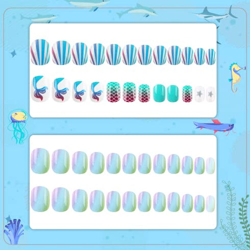 48Pcs Press on Nails for Kids Full Cover Short Fake Stick on Nails for Girls False Nails Lovely Children Gift Nail Art Decoration (Blue Ocean)