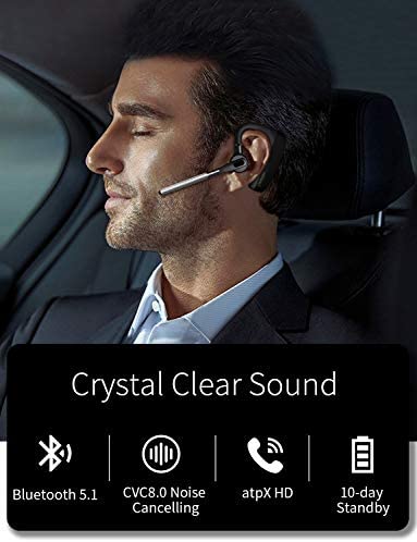 CONAMBO Bluetooth Headset V5.1, 16 Hrs HD Talktime CVC8.0 Dual Mic Noise Cancelling Hands Free Bluetooth Earpiece for Cell Phone iPhone Android Driving Business Office