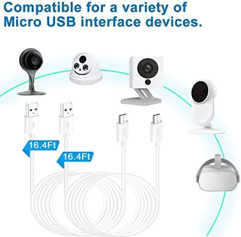 SIOCEN 2 Pack 16.4FT Micro USB Cable Power Extension Cord for Wyze Cam,WyzeCam Pan,YI Cam,YI Dome Home Camera,Kasa Cam,Oculus Go,Furbo Dog,Nest Cam,Blink,Long Charging Wire for Security Cameras